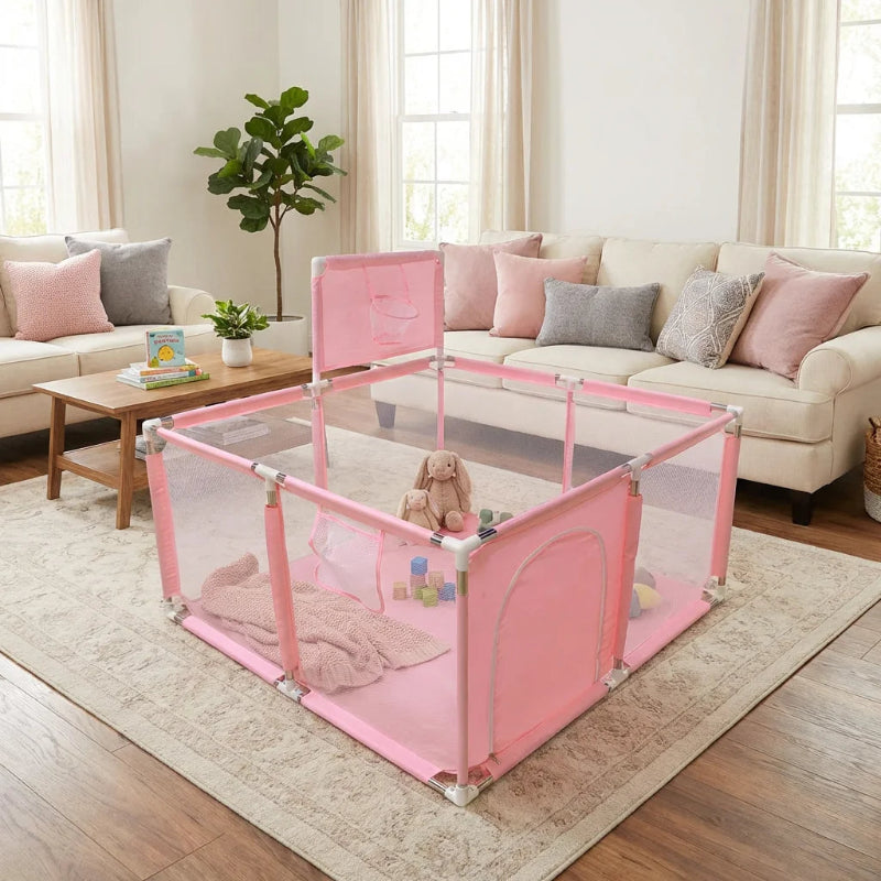 Parc bebe en tissu avec panier de basket rose