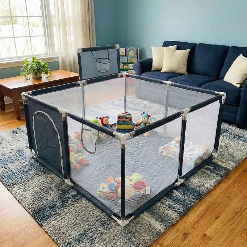 Parc bebe en tissu avec panier de basket bleu