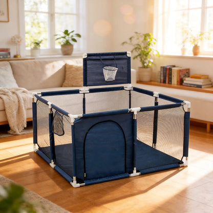 Parc bebe en tissu avec panier de basket bleu foncé