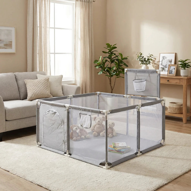 Parc bebe en tissu avec panier de basket gris