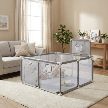 Parc bebe en tissu avec panier de basket gris