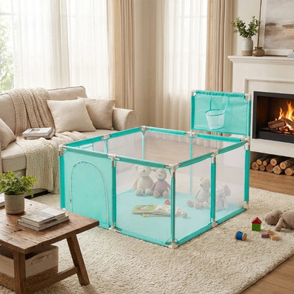 Parc bebe en tissu avec panier de basket turquoise
