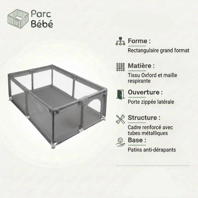 Les infos technique du Parc bebe en tissu grise anti-derapant