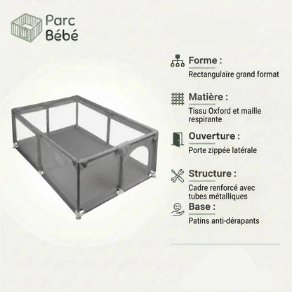 Les infos technique du Parc bebe en tissu grise anti-derapant
