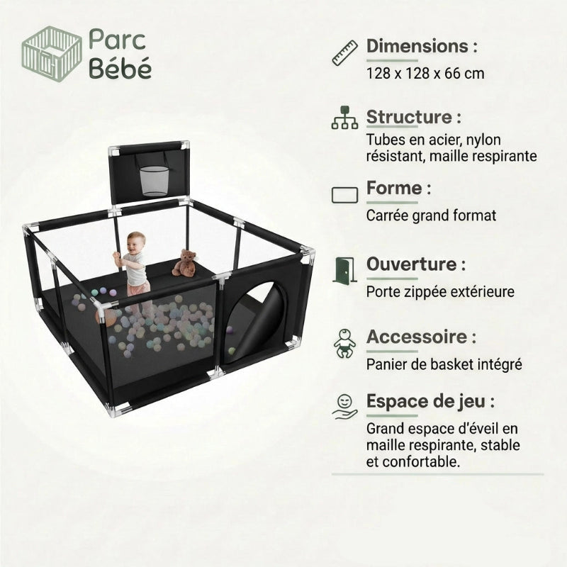Les info technique du Parc bebe en tissu noir avec panier de basket