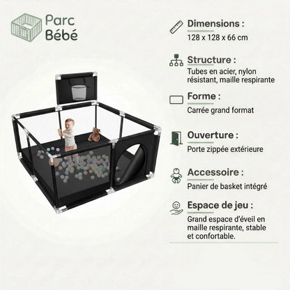 Les info technique du Parc bebe en tissu noir avec panier de basket
