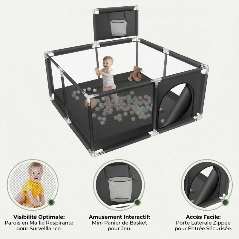 Parc bebe en tissu noir avec panier de basket usp