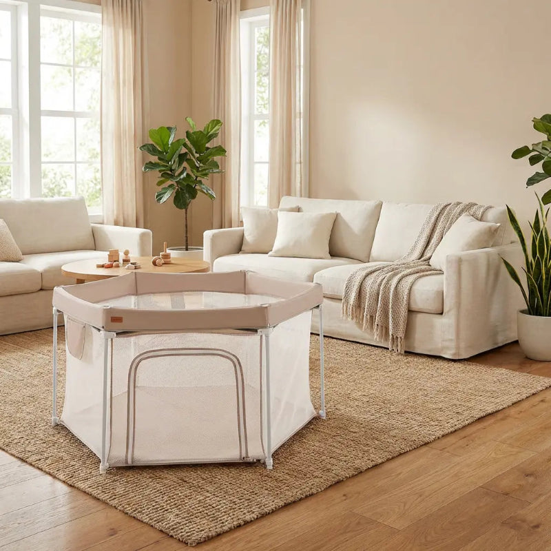 Parc bebe pliable rond en tissu beige