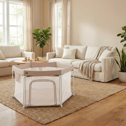 Parc bebe pliable rond en tissu beige