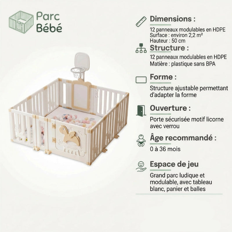 Les info technique du Parc pour bebe geant avec porte motif licorne