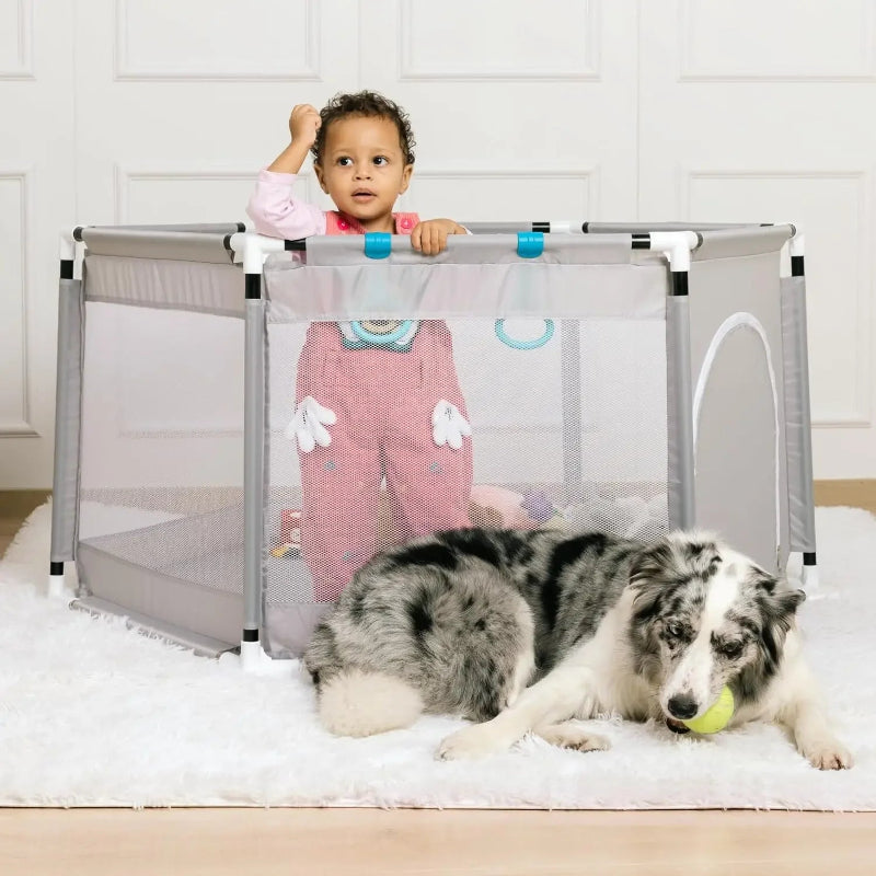 Petit parc bebe rond en tissu avec un chien
